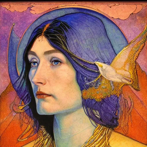 Image similar to queen of the moon with stars in her hair, by nicholas roerich and annie swynnerton and donato giancola and dulac, dramatic lighting, god rays, geometric tattoos, rich colors, smooth sharp focus, extremely detailed, leo and diane dillon, adolf wolfli