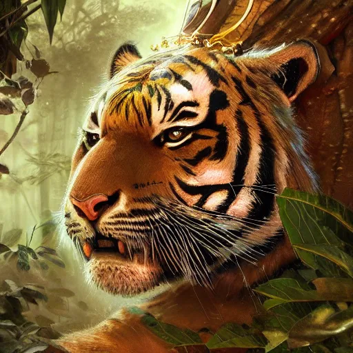 Image similar to a very high detailed tiger face on a strong human body, wearing a very detailed golden kings crown, tattoo on shoulder, standing in a highly detailed jungle, digital art, concept art, greg rutkowski, Nikolai Karelin, Hou China, trending artstation