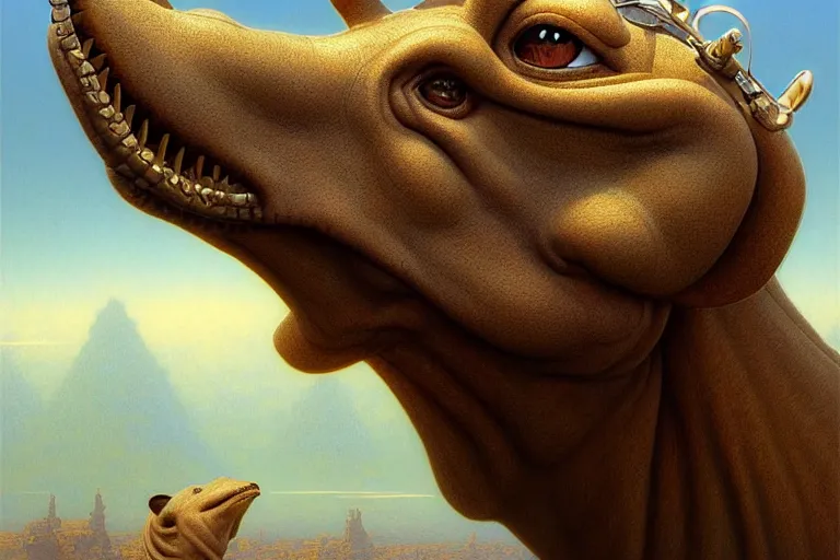 Image similar to anthropomorphic hippopede head in tiny wakeneon jill zarin trapper, intricate, elegant, highly detailed pixar, wide angle, digital painting, artstation, concept art, sharp focus, illustration, art by artgerm, bob eggleton, stephen hickman, richard corben, wayne barlowe, greg rutkowski, alphonse mucha, 8 k