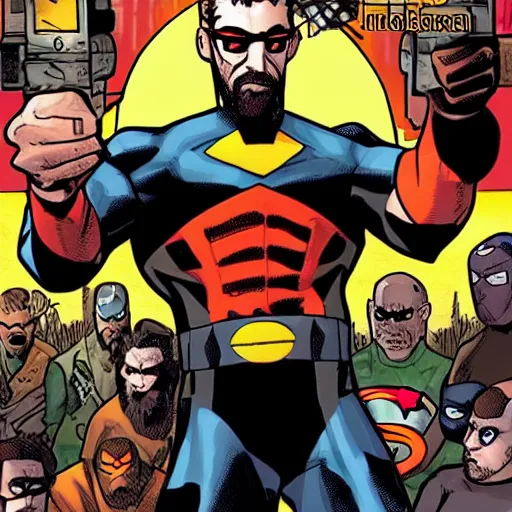 Image similar to gordon freeman as a superhero on a dark intense cinematic marvel comics cover