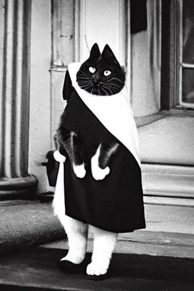 Image similar to a photo taken from a distance of a black and white cat dressed up as queen elizabeth