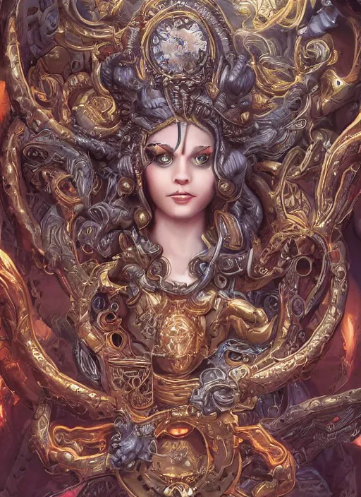 Prompt: ultradetailed ornate sci-fi RPG illustration of a beautiful symmetric Medusa radiating a glowing aura wearing a steampunk armor with much decorum, digital airbrush painting, 3d rim light, hyperrealistic masterpiece, artstation, cgsociety, kodakchrome, golden ratio