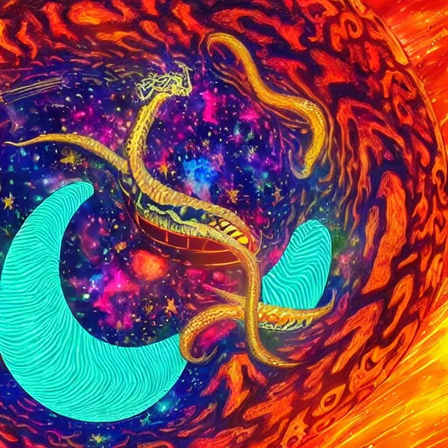 Image similar to a cosmic egg breaking open with a great serpent rising out, occult aesthetics alchemy, award winning art, chromatic aberration polychromatic colors