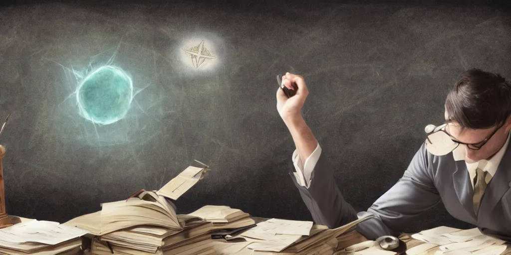 Image similar to back shot of male accountant examining the mysteries of tarot cards on a magical blackboard, fantasy art, matte painting, high quality