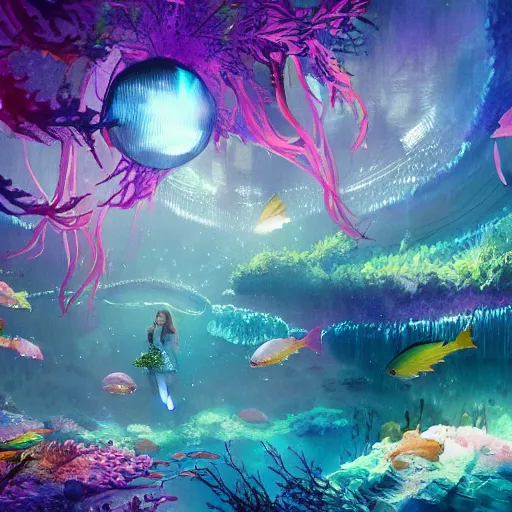 Prompt: a beautiful and vivid and colorful Grzegorz greg rutkowski watercolor and matte painting of an underwater discotheque with a disco ball and mermaids and fish and a colorful rainbow seaweed forest. trending on ArtStation