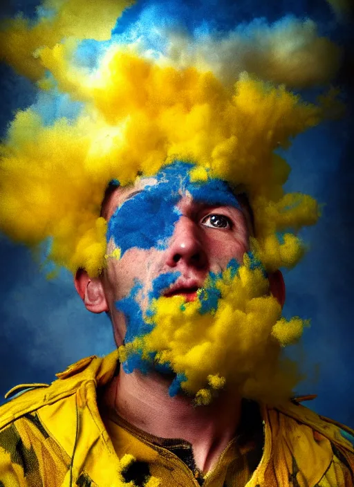 Image similar to crying!!!!!! modern ukrainian soldier!!, covered in yellow and blue clouds, disarming, enchanting, fragile, shamanistic, cloudcore, portrait, by kim keever