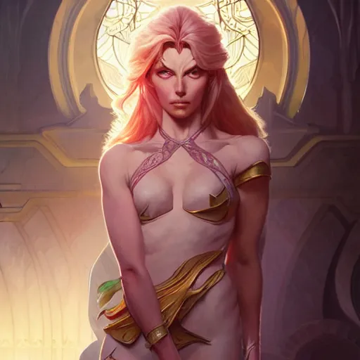 Image similar to Adora, She-ra, fantasy, intricate, elegant, highly detailed, digital painting, artstation, concept art, matte, sharp focus, illustration, art by Artgerm and Greg Rutkowski and Alphonse Mucha