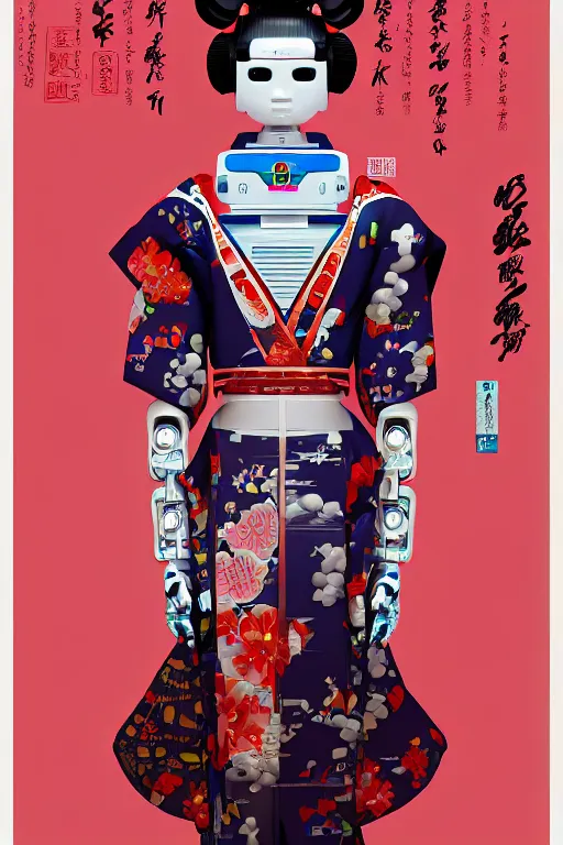 Image similar to full body portrait of a Japanese robot geisha with kanji tattoos and decals wearing a digital pixelated kimono, intricate design, photorealistic, octane render, raytraced, ultra fine detailed, character design, trending on artstation