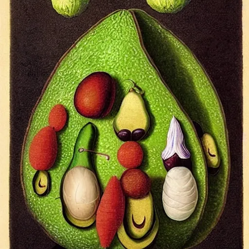 Image similar to hairy avocado surrounded by vegetables of different sizes and shapes, in the style of Dali and Bosch