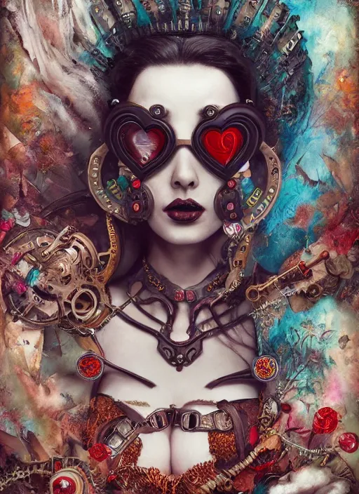 Image similar to queen of hearts, steampunk googles, highly detailed, cinematic, 8 k, by megan duncanson, benjamin lacombe, adrian borda, stanley artgermm, tom bagshaw, craig mullins, carne griffiths, ayami kojima, beksinski, giger, trending on deviantart, hyper detailed, horror, full of colour