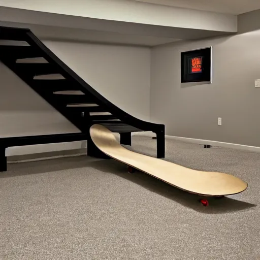 Prompt: a skateboard ramps in a basement