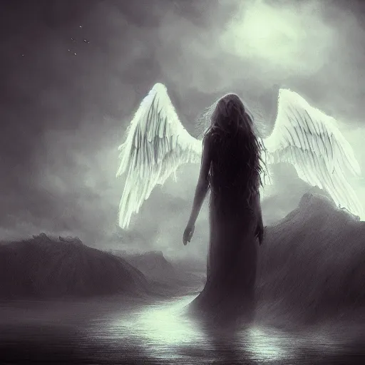 Prompt: the angel from my nightmares, matte painting, digital art, trending on artstation, award-winning art, dramatic, 8k