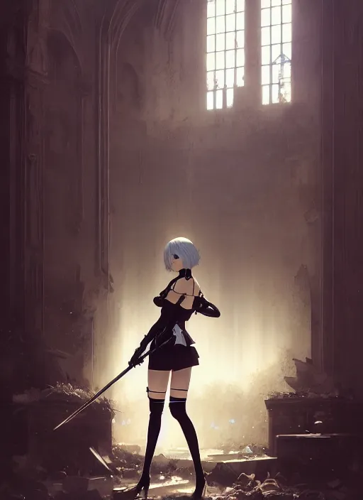 Image similar to portrait of 2 b from nier automata in an abandoned church, dead robots, a large katana, intricate, elegant, glowing lights, highly detailed, digital painting, artstation, concept art, smooth, sharp focus, illustration, art by wlop, mars ravelo and greg rutkowski