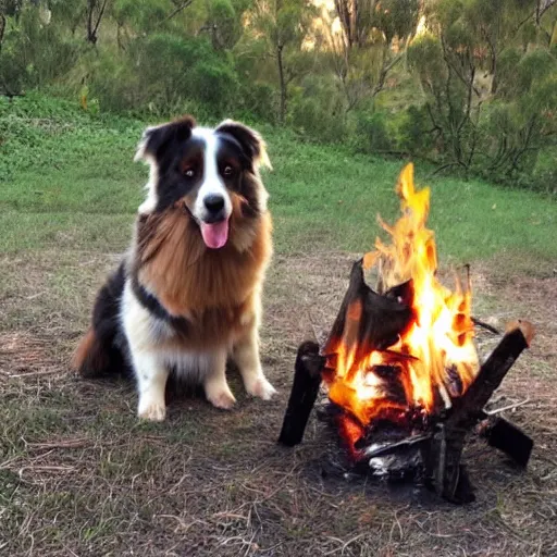 Prompt: picture of an australian shepherd with a hillbilly with long blonde hair around a bonfire