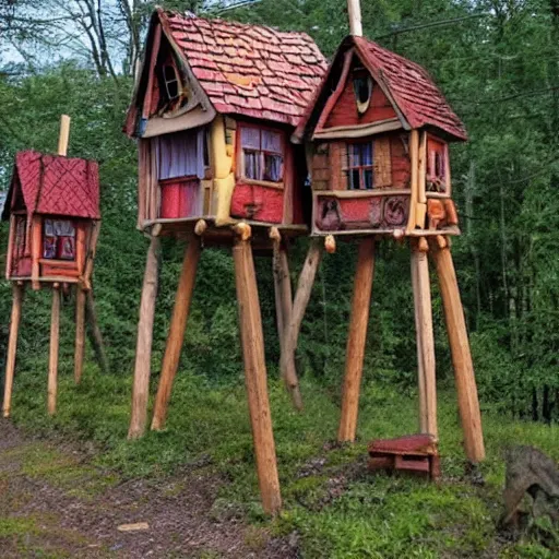 Prompt: Baba yaga houses walking around on stilts