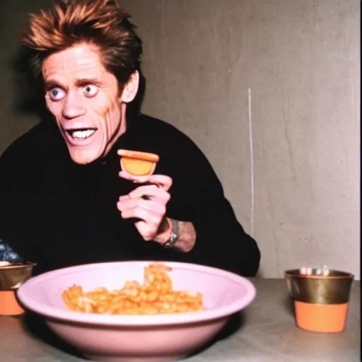 Prompt: Willem Dafoe eating a KFC Famous bowl in the basement at 3am while listening to pink floyd