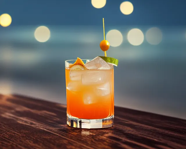 Prompt: 5 5 mm photo of best cocktail on a wooden table at a beach at night. dof. bokeh. magical atmosphere. art by greg rutkowski. highly detailed 8 k. intricate. lifelike. soft light.