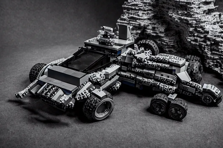 Prompt: the lego batmobile is standing ina cave. highly detailed. intricate. mist. octane render. rim light. photoreal. 8 k. monochrome. cinematic.