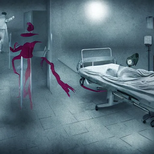 Image similar to I woke up in pieces, hospital bound, time is running out, surreal, fantasy, digital art