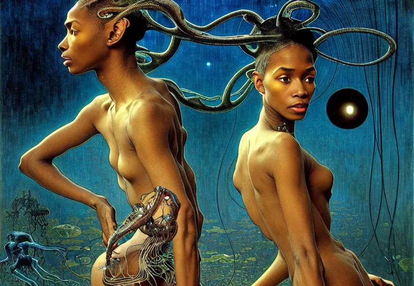 Prompt: realistic detailed portrait movie shot of a beautiful black woman in a transparent sheer dress raincoat dancing with a giant spider, futuristic sci fi landscape background by denis villeneuve, jean delville, monia merlo, ernst haeckel, alphonse mucha, max ernst, caravaggio, roger dean, sci fi necklace, masterpiece, dreamy, rich moody colours