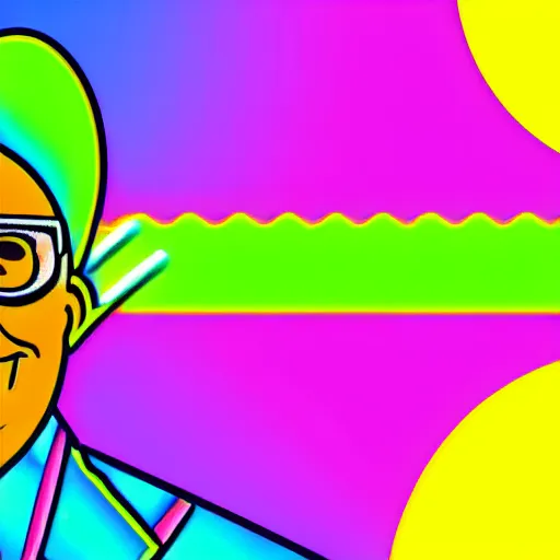 Prompt: neon green taco dancing on horizon cyberwave background with kernel sanders face as sun in the sky