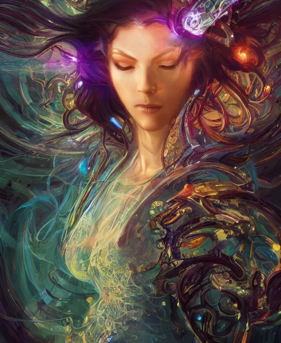 Image similar to a whirlwind of souls rushing inside the metaverse, half body, glowin eyes, tiara with sapphire, pharaoh, android, cyberpunk, d & d, fantasy, intricate, elegant, highly detailed, colorful, vivid color, digital painting, artstation, concept art, art by artgerm and greg rutkowski and alphonse mucha and ruan jia