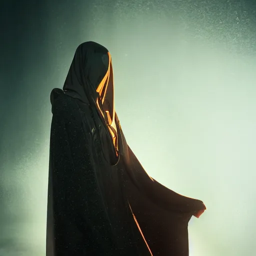 Image similar to a portrait of a young woman wearing a long dark cloak, hood and shadows covering face, holding golden chains, oil painting, Volumetric Golden dappled dynamic lighting, Highly Detailed, Cinematic Lighting, Unreal Engine, 8k, HD