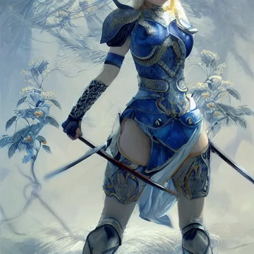 Prompt: young blonde female warrior in heavy blue and white armor, very beautiful and proportional face, surrounded by rabbits and exotic creatures, epic wallpaper, wide shot, high fantasy, flowers and trees, intricate detail, digital painting, artstation, concept art, smooth, sharp focus, illustration, art by monia merlo and wlop and artgerm and craig mullins