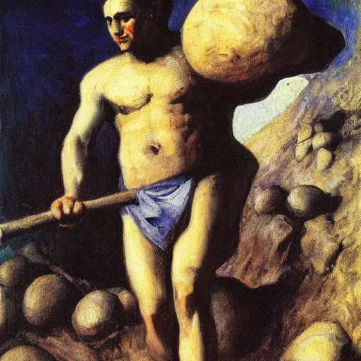 Image similar to a painting of benjamin netanyahu as sisyphus, carrying boulder, by franz stuck