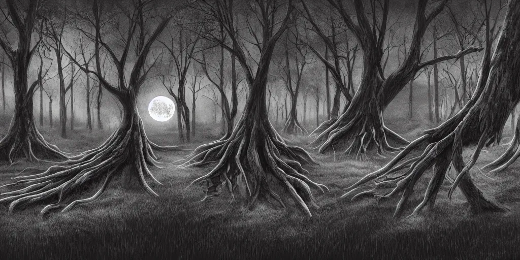 Prompt: Concept art of a dark forest, dead trees, branches, stone hands reaching out of the ground, full moon, night time, digital art, creepy, high saturation