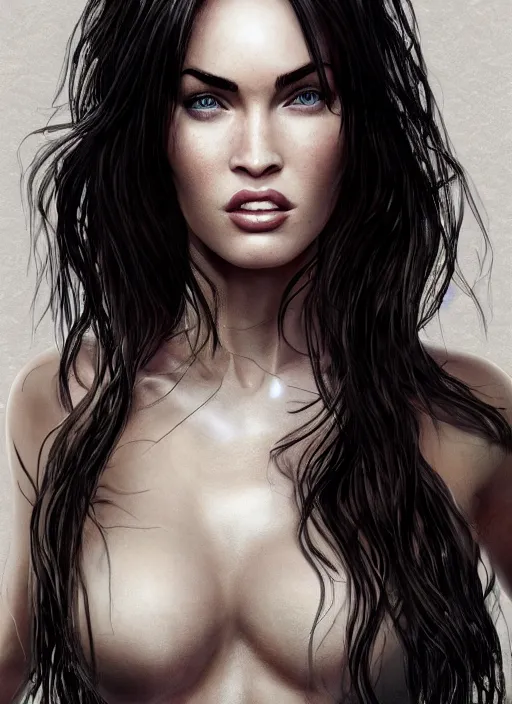 Image similar to megan fox, au naturel, hyper detailed, digital art, trending in artstation, cinematic lighting, studio quality, smooth render, unreal engine 5 rendered, octane rendered