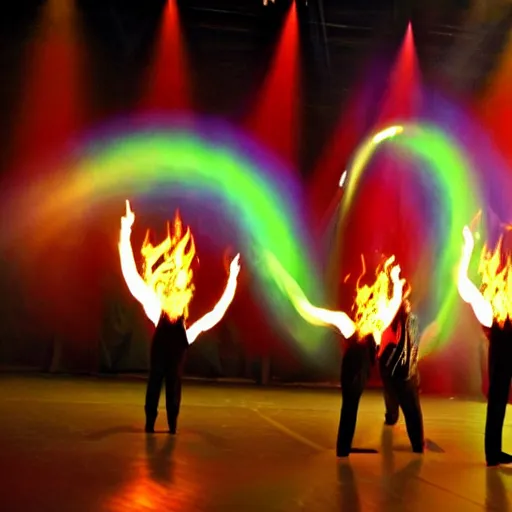 Image similar to acrobatic dance ensemble juggling rainbow fire