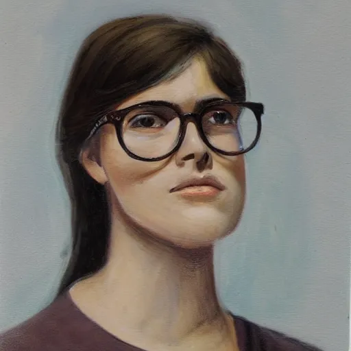 Prompt: portrait, woman, 2 5 yo, 2 0 0 lbs, center parted brown hair, sleepy eyes, thin lips, big circular glasses