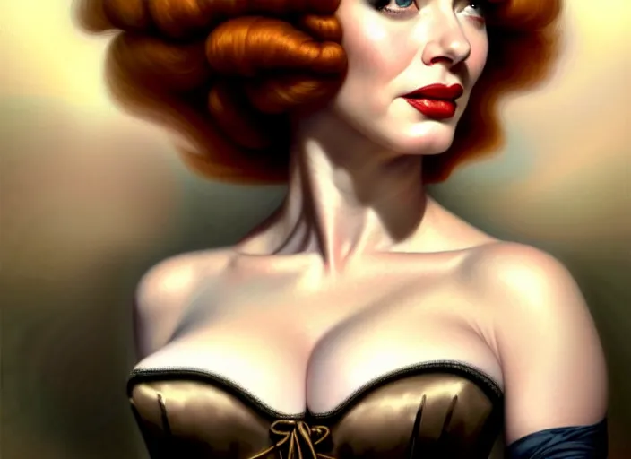 Image similar to portrait shot of christina hendricks during ww 2 wearing a corset, clothed, intricate, elegant, highly detailed, centered, digital painting, artstation, concept art, smooth, sharp focus, illustration, artgerm, tomasz alen kopera, peter mohrbacher, donato giancola, joseph christian leyendecker, wlop, boris vallejo