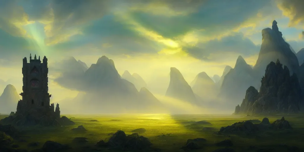 Prompt: a beautiful fantasy landscape, medieval tower, majestic, god rays, silhouette of a flock of birds in the sky, extremely detailed digital painting, in the style of fenghua zhong and ruan jia and jeremy lipking and peter mohrbacher, mystical colors, rim light, beautiful lighting, 8 k, stunning scene, raytracing, octane, trending on artstation