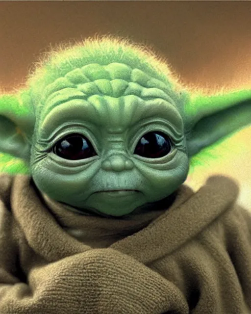 Image similar to a cute closeup portrait of cute Baby Yoda by Craig Mullins; beauitiful; realistic-lighting; anatomically-correct; 90mm; f/1.4