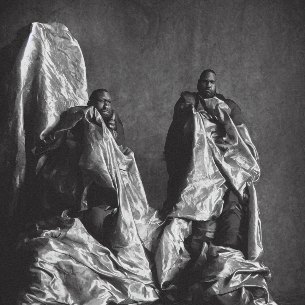 Prompt: large black man sitting on throne wrapped in silk, background made of large folding curtains, black and white color, dimly lit, butterfly lighting, dark