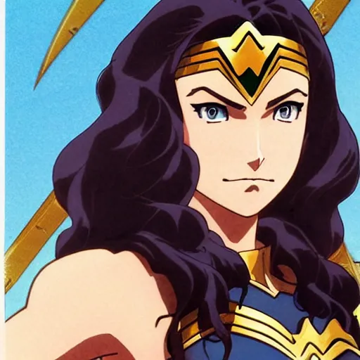 Prompt: wonder woman anime, animation still, hand drawn cel,! anime! animation, capcom, realistic, character select portrait, by artgerm, greg rutkowski, alphonse mucha, 3 d