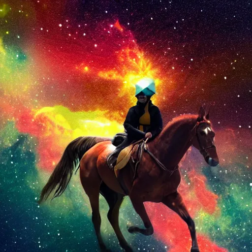 Image similar to a sandwich riding a horse in a explosion of a nebula, digital art