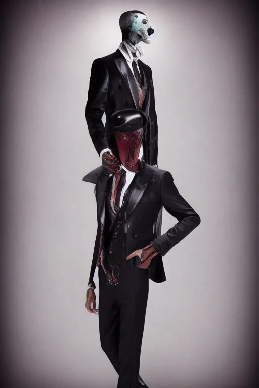 Image similar to hyper realistic male macabre gothic powersuit dapper look artwork of high - end haute couture bespoke with leather fashion by ali sabet, lisa frank & sho murase