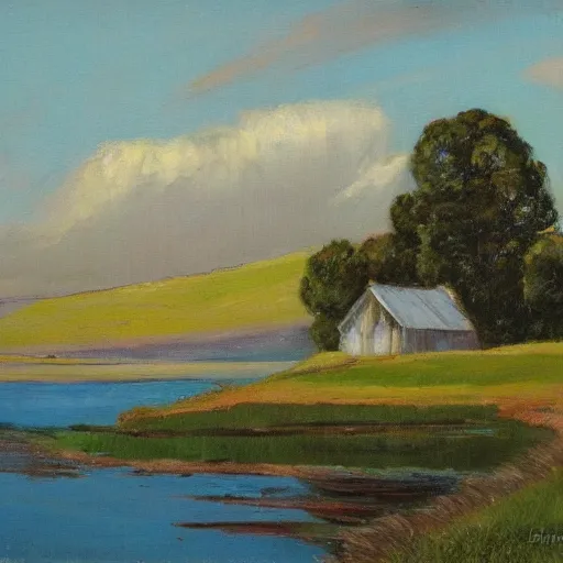 Prompt: farmhouse beside a lake, Glen Chadbourne, Darrell K Sweet