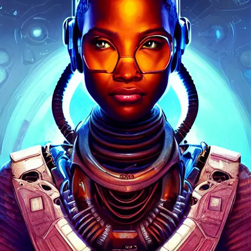 Prompt: african biopunk bounty hunter, science fiction, highly detailed, digital painting, beautiful eyes, symmetry, concept art, sharp focus, illustration, global illumination, radiant light, synthwave colors, detailed and intricate environment, art by artgerm and greg rutkowski and magali villeneuve and ilya kuvshinov!