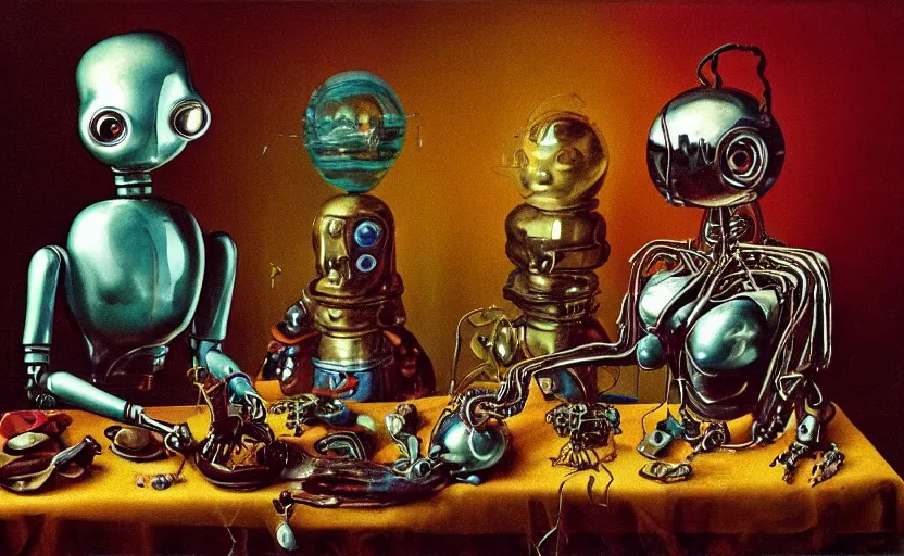 Image similar to strange robot body, disturbing colorful oil painting dutch golden age vanitas still life sparse composition with bizarre objects strange gooey transparent surfaces shiny metal reflections bizarre mutant meat insects rachel ruysch dali todd schorr very detailed perfect composition rule of thirds masterpiece canon 5 0 mm, cinematic lighting, photography, retro, film, kodachrome