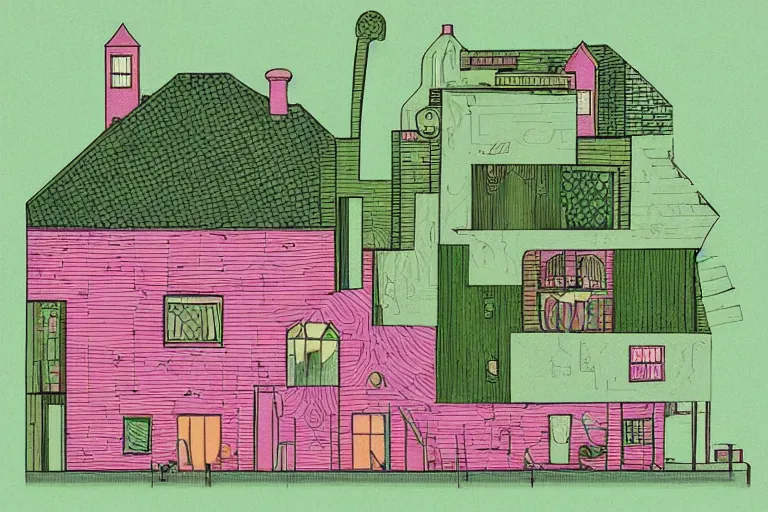 Prompt: a pink and green 2 d illustration of a cross section of a house, a storybook illustration by muti and tim biskup, featured on dribble, arts and crafts movement, behance hd, storybook illustration, dynamic composition