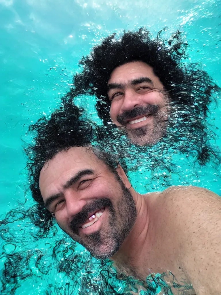 Image similar to a middle aged man, bulky build, black curly hair, receding hairline, thick dark eyebrows, big lips, smiling, small eyes, swimming under the sea trapped in seaweed