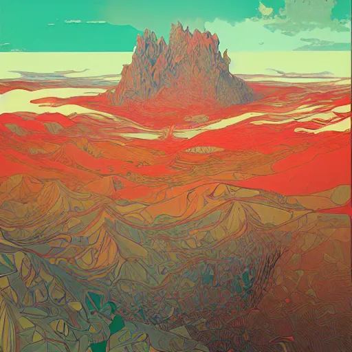 Image similar to chromostereopsis landscape by beeple and Alphonse Mucha