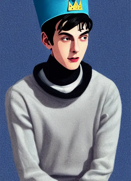 Image similar to portrait of teenage jughead jones wearing a light grey crown, crown, blue turtleneck, 1 9 5 0 s, closed eyes, photorealistic, black hair, glowing lighting, intricate, elegant, glowing lights, highly detailed, digital painting, artstation, concept art, smooth, sharp focus, illustration, art by wlop, mars ravelo and greg rutkowski