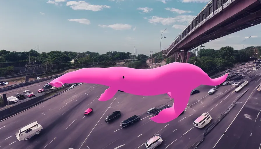 Image similar to a giant pink whale falling out of a blue sky onto cars on a busy bridge, cinematic lighting