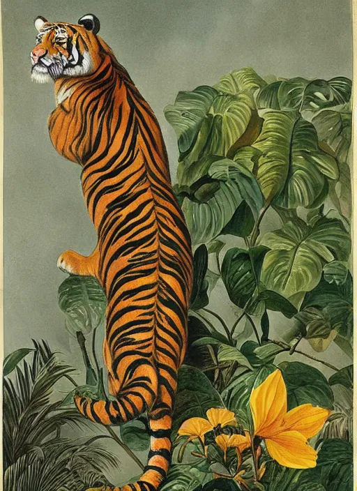 Prompt: tiger, tropical plants, botanical, large exotic flowers, biology, realistic, painted by john audubon