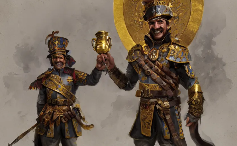 Prompt: smiling spanish conquer soldier holding golden cup on a inca temple, game character concept art, wide view, high detailed, full perfect, symmetrical portrait, high detail, by craig mullins, peter mohrbacher, unreal engine, octane rendered, 8 k, dark beauty, trending on artstation